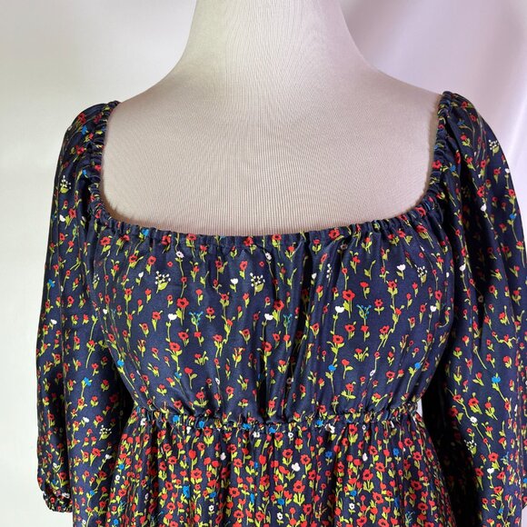 Betsey Johnson Size 8 High-Waisted Silk Dress Puff Sleeve Red Blue Floral - Picture 3 of 12